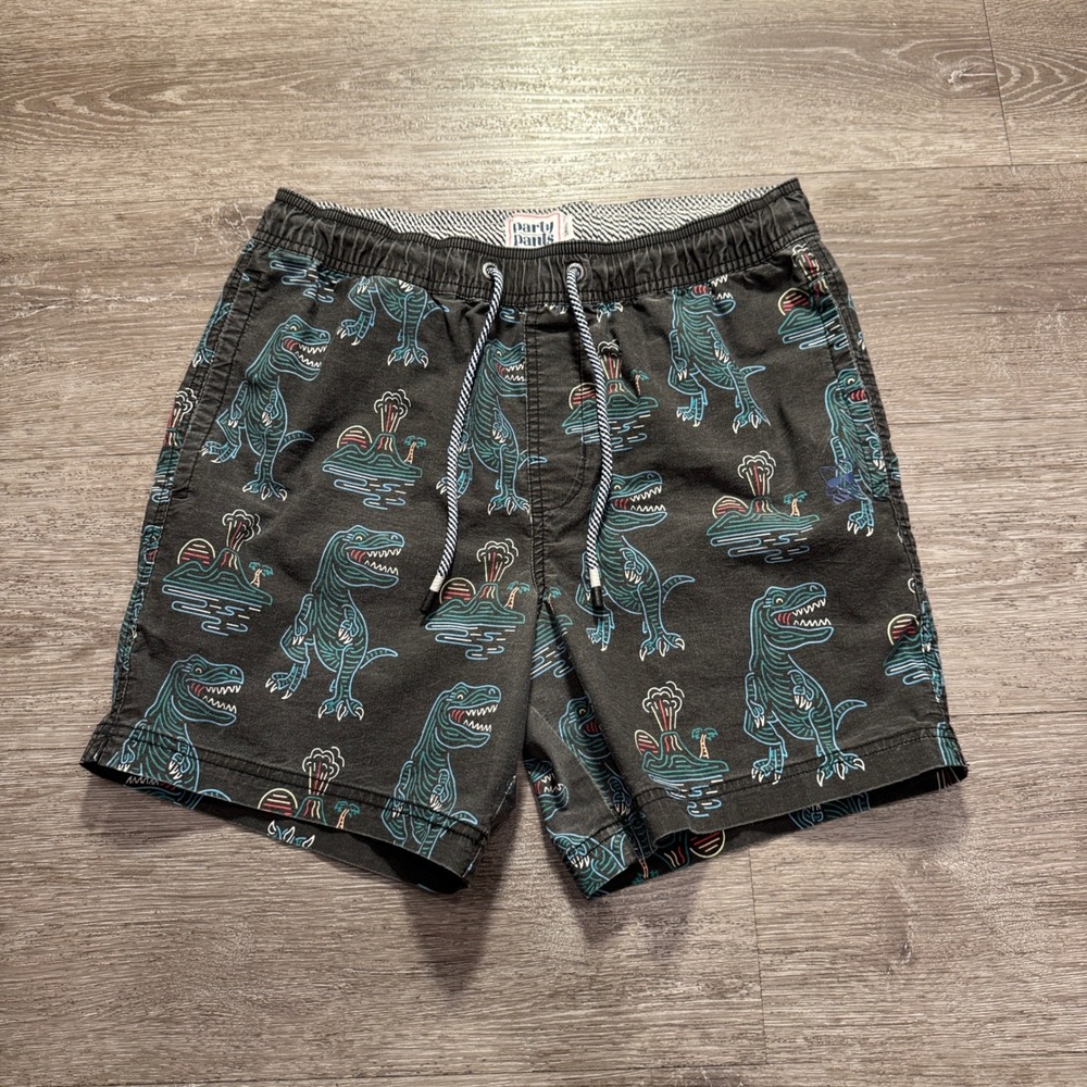 Party Pants Shorts Mens Small Black Cotton Blend Dino-Mite Dinosaur Print Summer